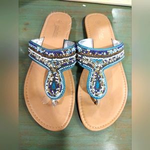 Palm women's flat sandals with bead design, size 9, blue and tan.